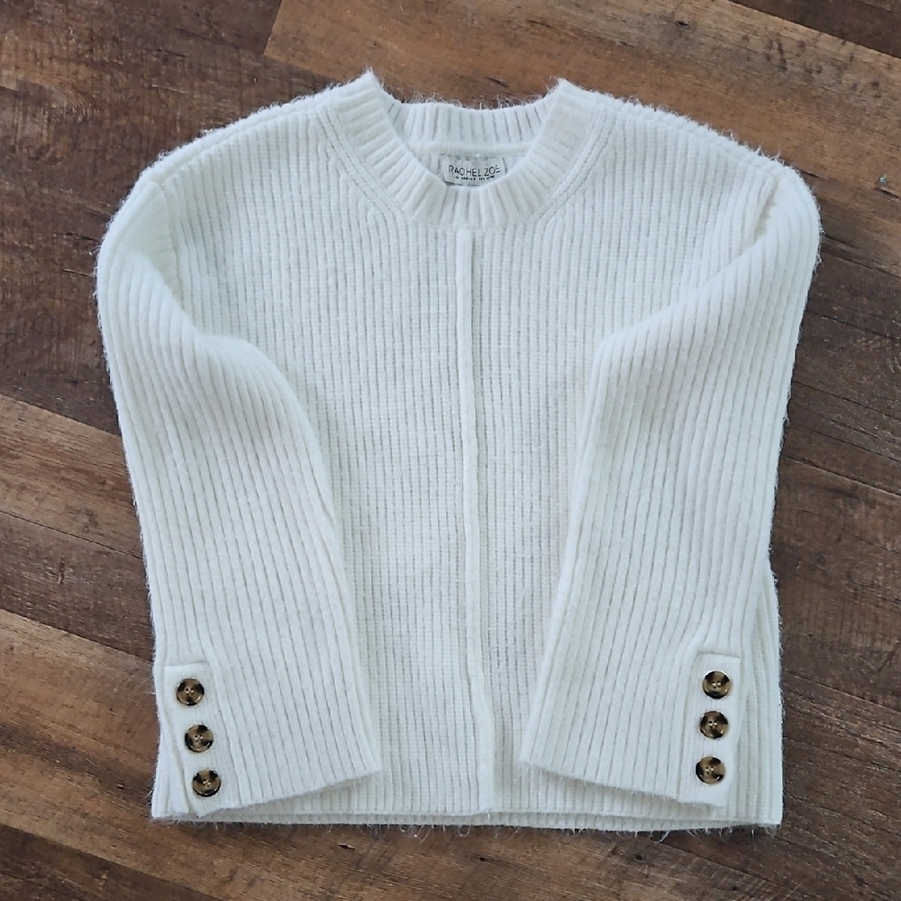 Rachel Zoe White Ribbed Sweater with Brown Buttons